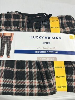 Lucky Brand Black Plaid Men's Sleep Fleece Pants with Red Accent